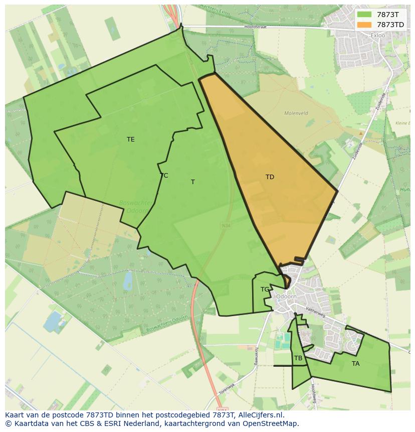 Afbeelding van het postcodegebied 7873 TD op de kaart.