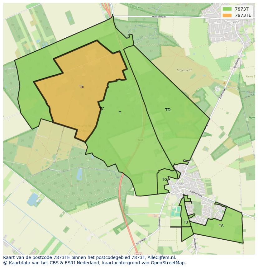 Afbeelding van het postcodegebied 7873 TE op de kaart.