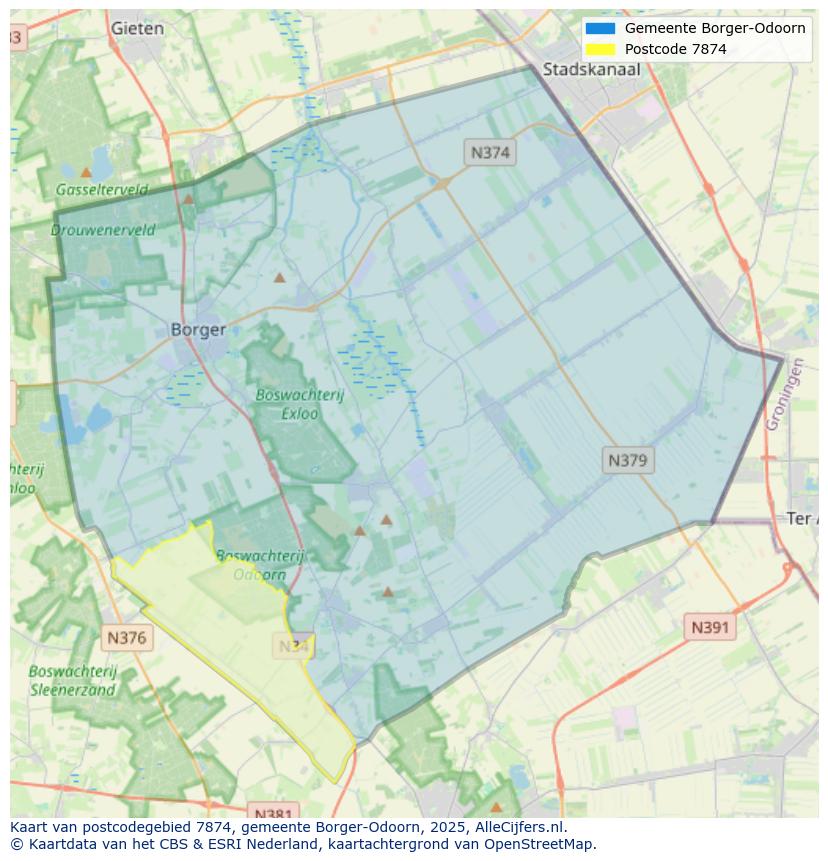 Afbeelding van het postcodegebied 7874 op de kaart.
