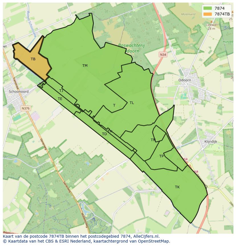 Afbeelding van het postcodegebied 7874 TB op de kaart.