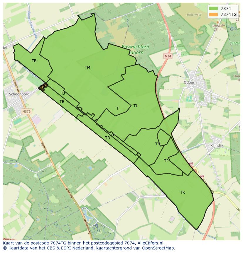 Afbeelding van het postcodegebied 7874 TG op de kaart.