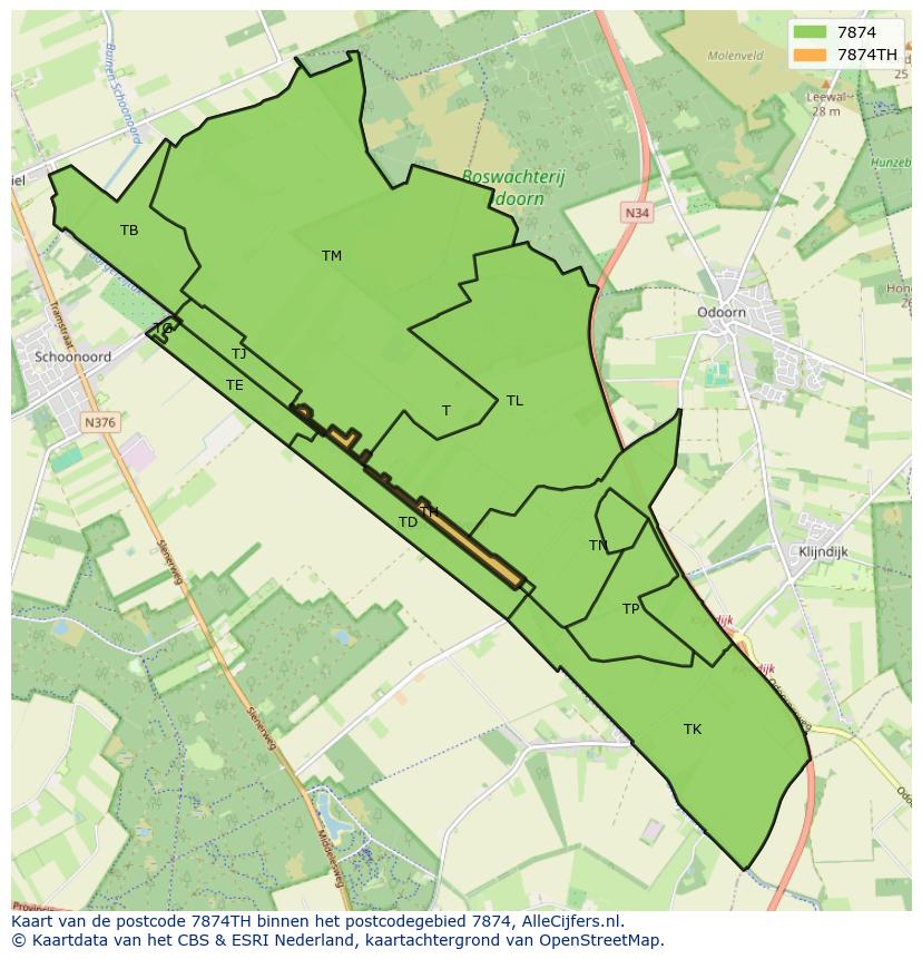 Afbeelding van het postcodegebied 7874 TH op de kaart.