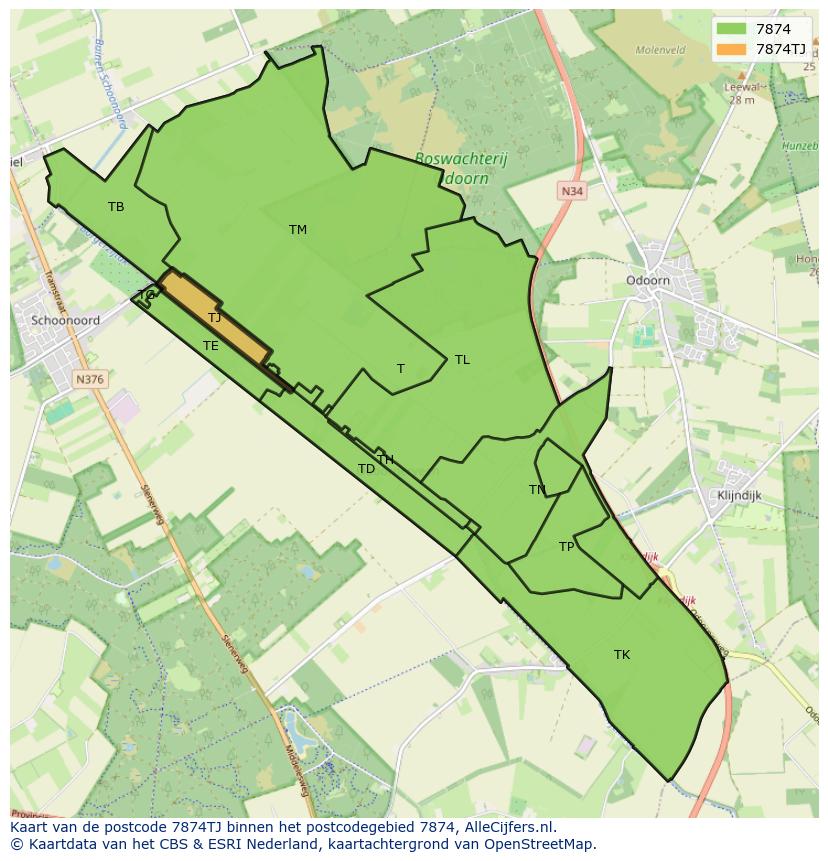 Afbeelding van het postcodegebied 7874 TJ op de kaart.