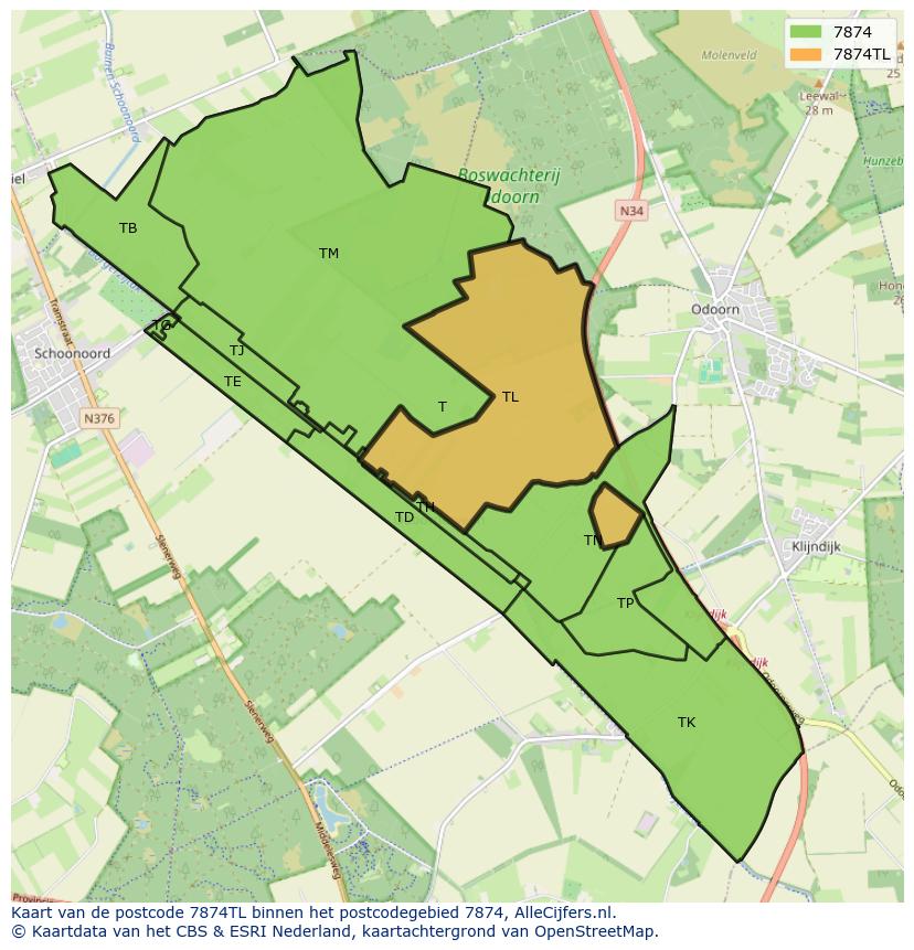Afbeelding van het postcodegebied 7874 TL op de kaart.