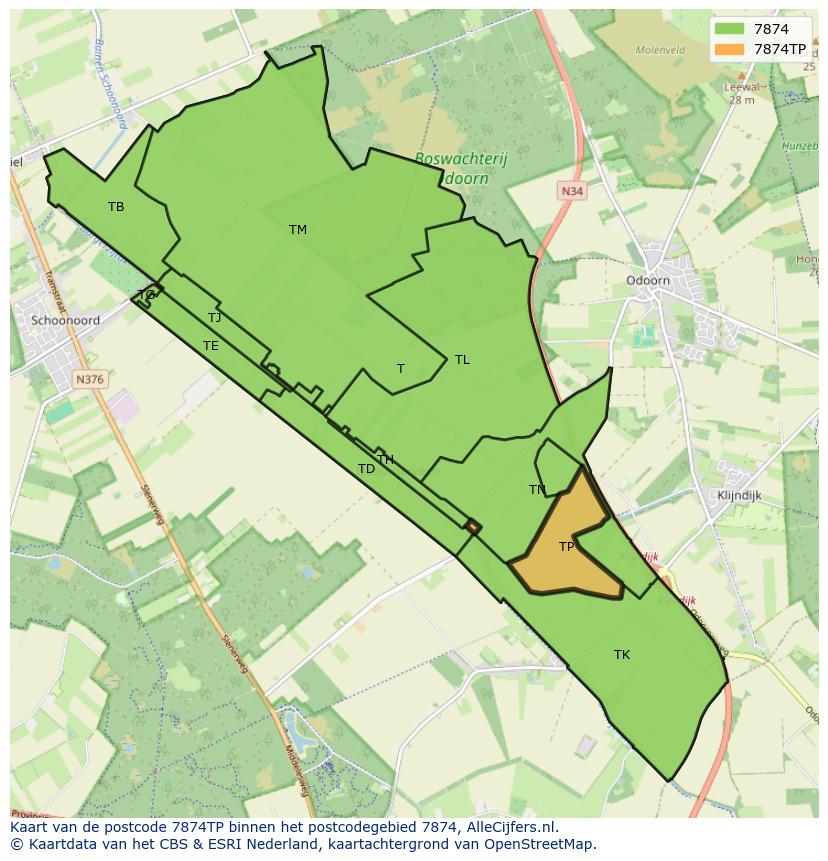 Afbeelding van het postcodegebied 7874 TP op de kaart.