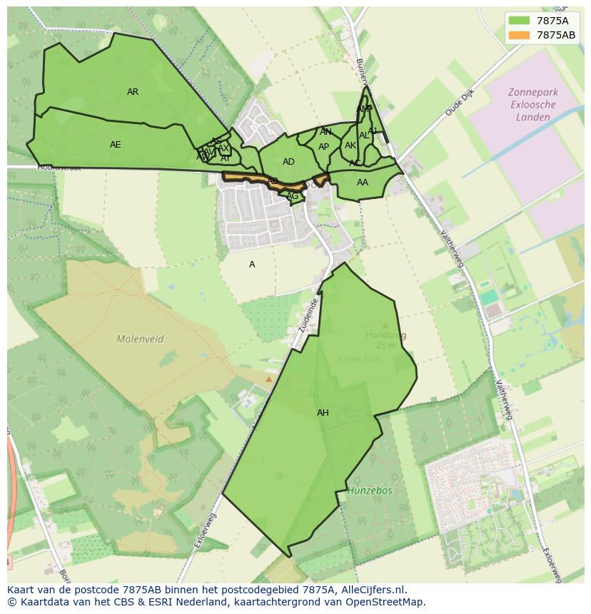 Afbeelding van het postcodegebied 7875 AB op de kaart.
