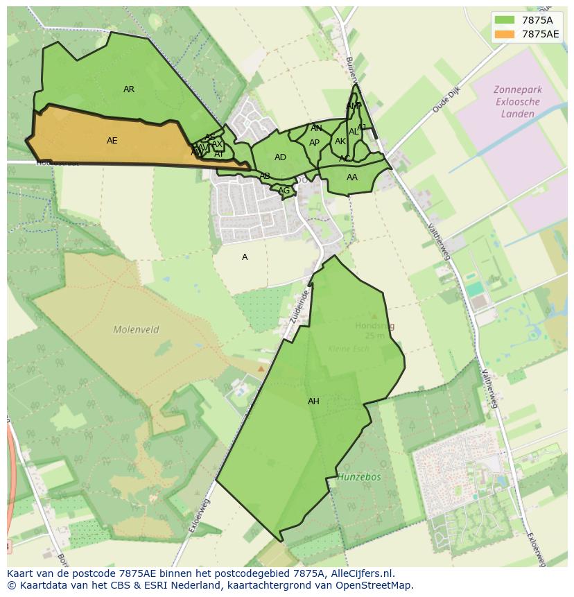 Afbeelding van het postcodegebied 7875 AE op de kaart.