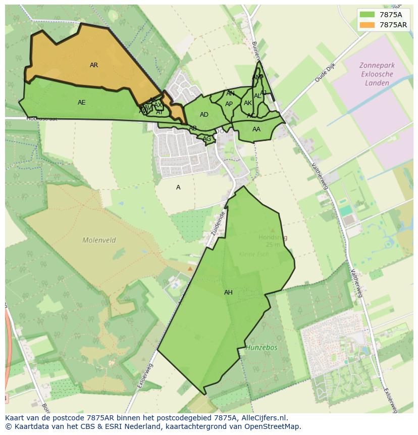 Afbeelding van het postcodegebied 7875 AR op de kaart.