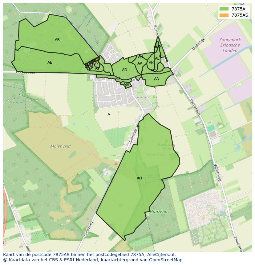 Afbeelding van het postcodegebied 7875 AS op de kaart.