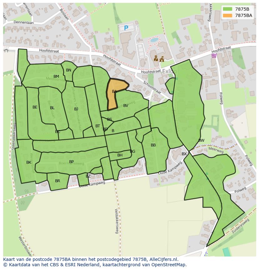 Afbeelding van het postcodegebied 7875 BA op de kaart.