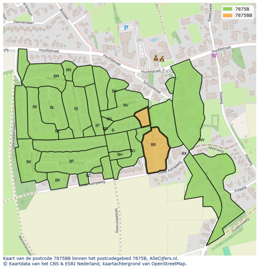 Afbeelding van het postcodegebied 7875 BB op de kaart.