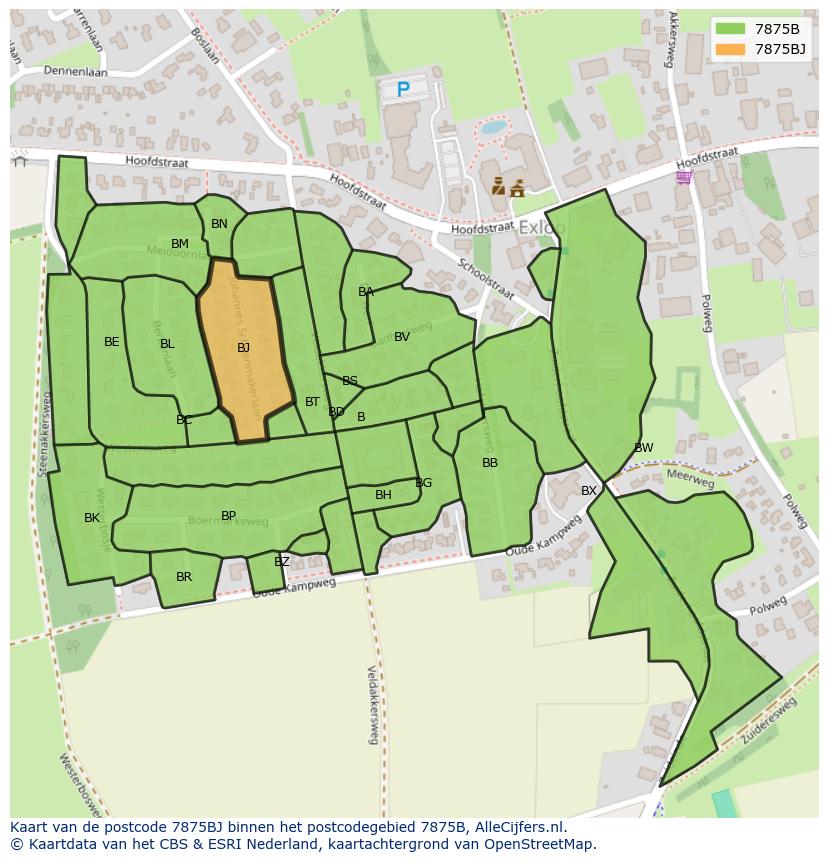 Afbeelding van het postcodegebied 7875 BJ op de kaart.