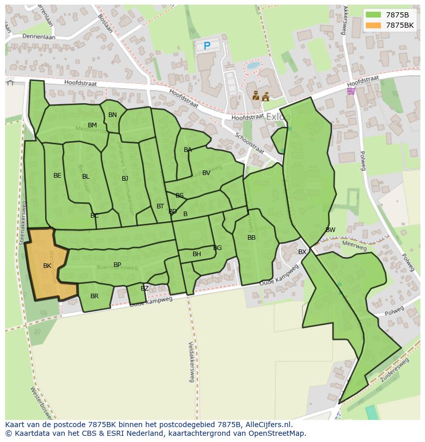 Afbeelding van het postcodegebied 7875 BK op de kaart.