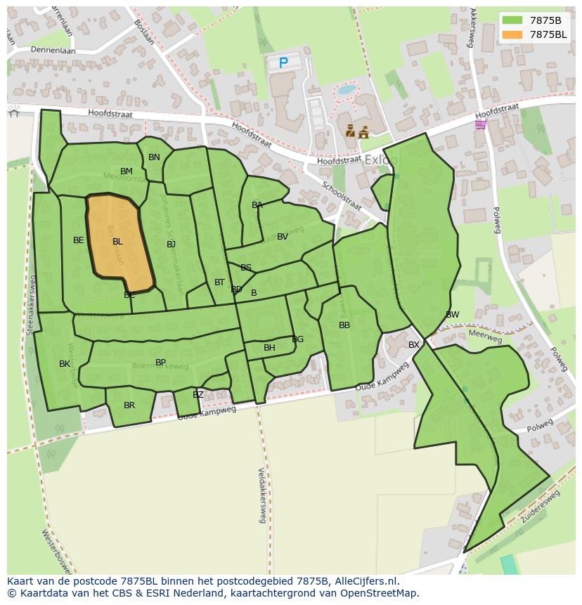 Afbeelding van het postcodegebied 7875 BL op de kaart.