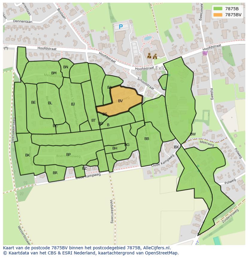 Afbeelding van het postcodegebied 7875 BV op de kaart.