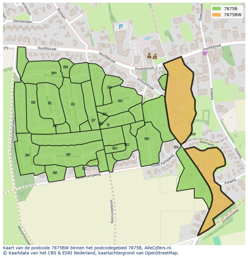 Afbeelding van het postcodegebied 7875 BW op de kaart.