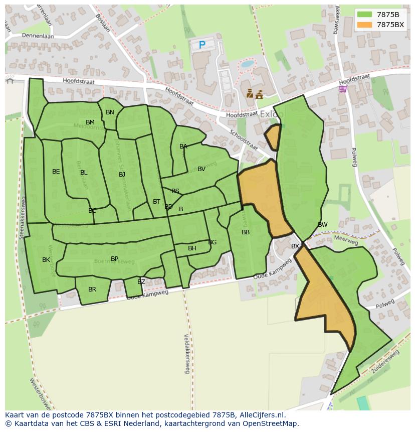 Afbeelding van het postcodegebied 7875 BX op de kaart.