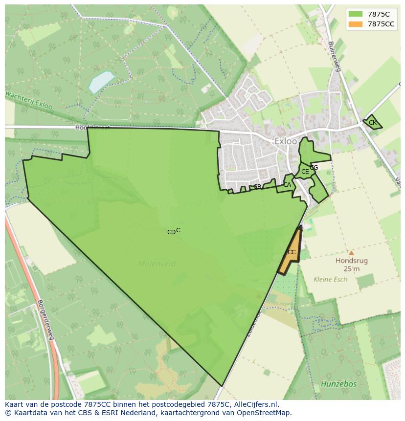 Afbeelding van het postcodegebied 7875 CC op de kaart.