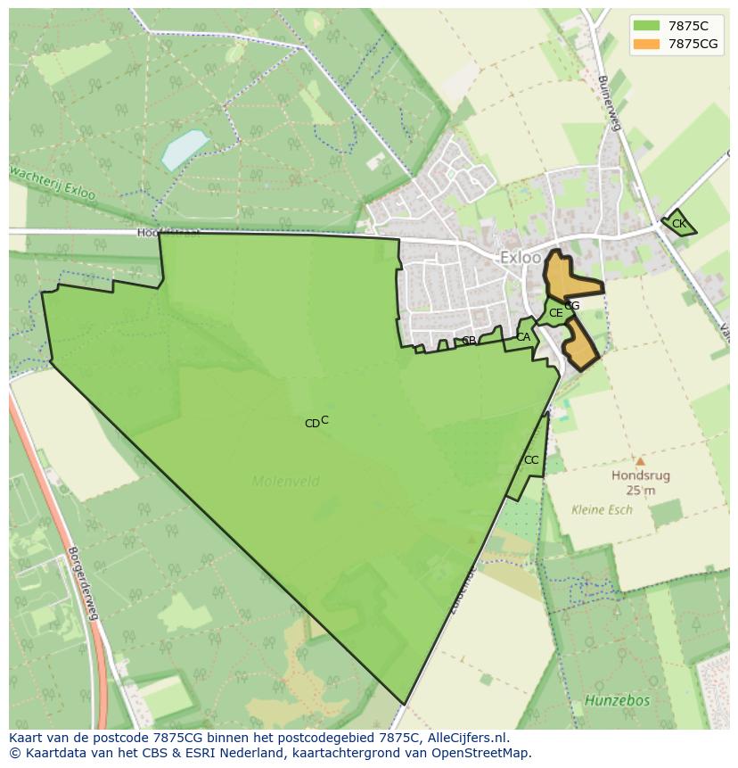 Afbeelding van het postcodegebied 7875 CG op de kaart.