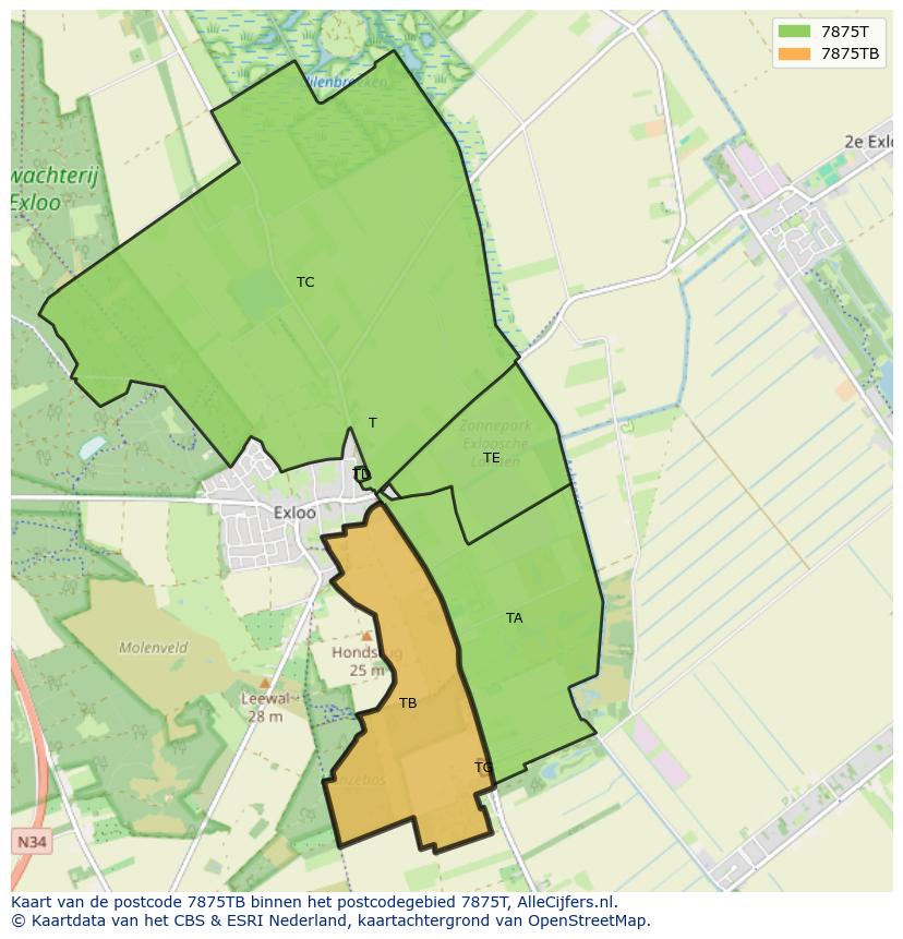 Afbeelding van het postcodegebied 7875 TB op de kaart.