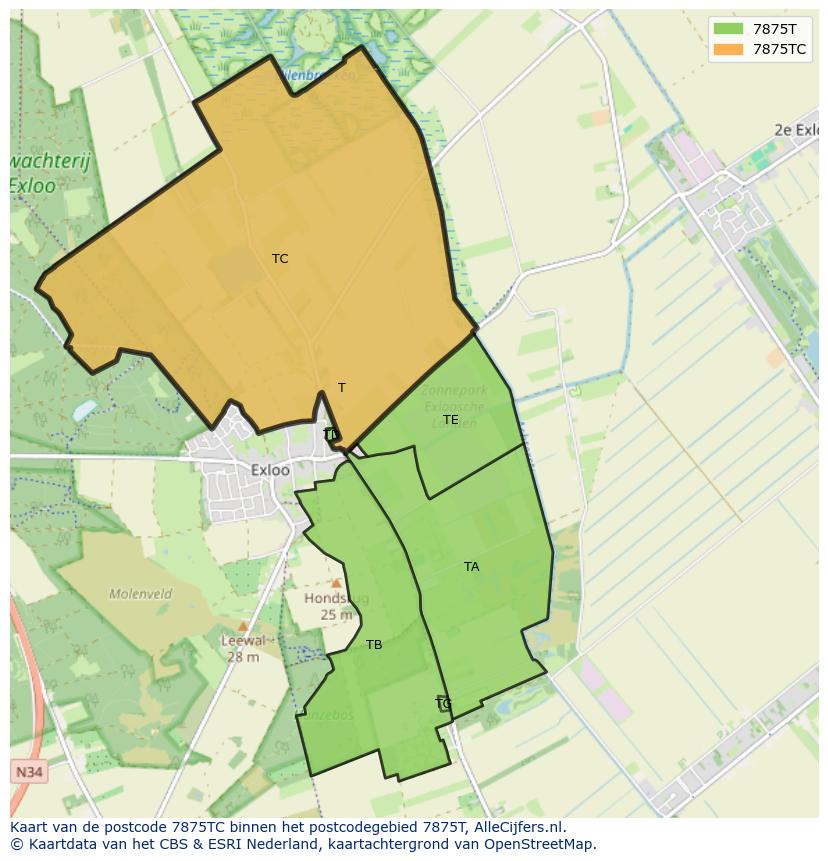 Afbeelding van het postcodegebied 7875 TC op de kaart.