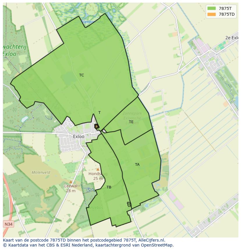 Afbeelding van het postcodegebied 7875 TD op de kaart.