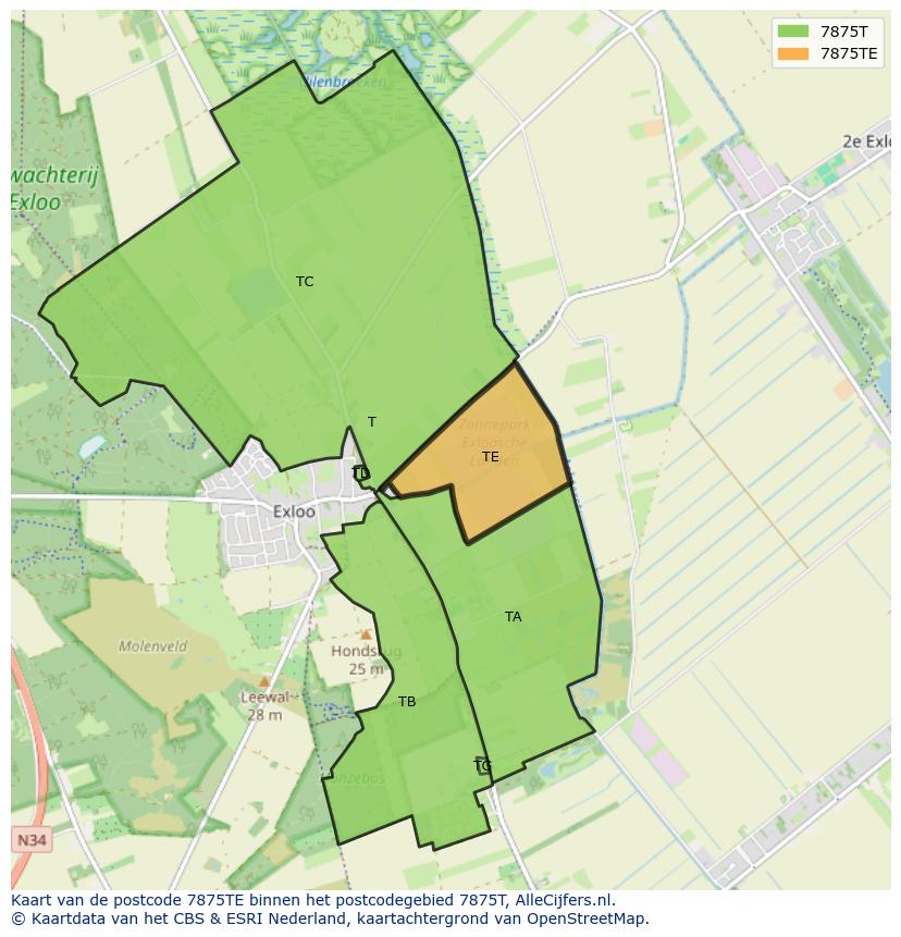 Afbeelding van het postcodegebied 7875 TE op de kaart.