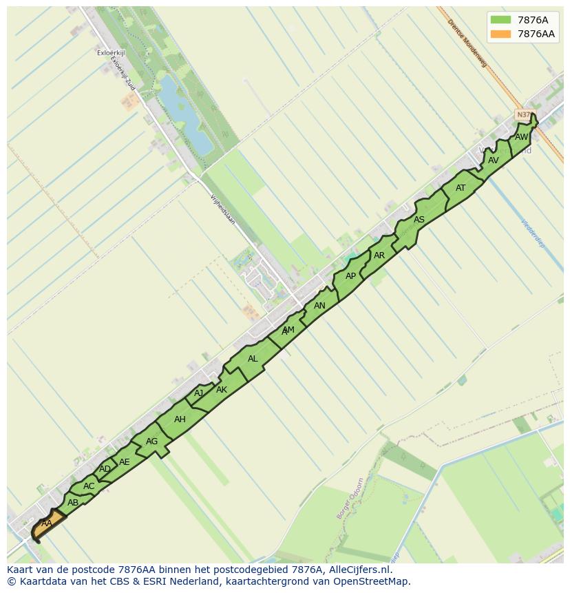 Afbeelding van het postcodegebied 7876 AA op de kaart.