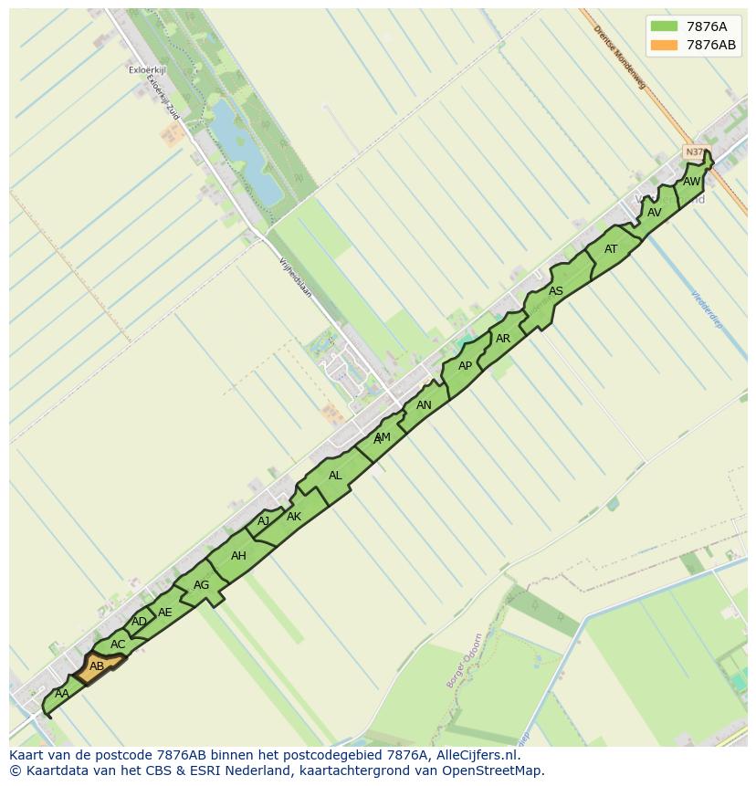 Afbeelding van het postcodegebied 7876 AB op de kaart.