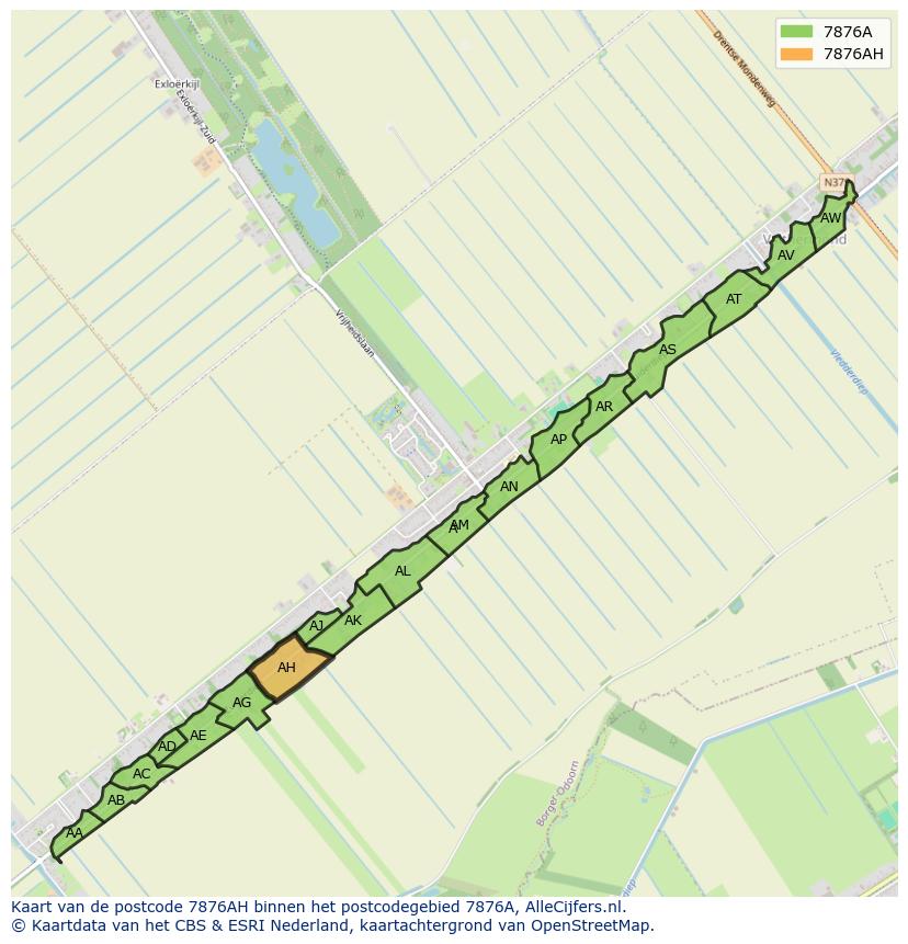 Afbeelding van het postcodegebied 7876 AH op de kaart.