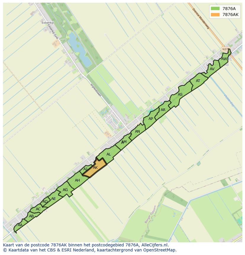 Afbeelding van het postcodegebied 7876 AK op de kaart.