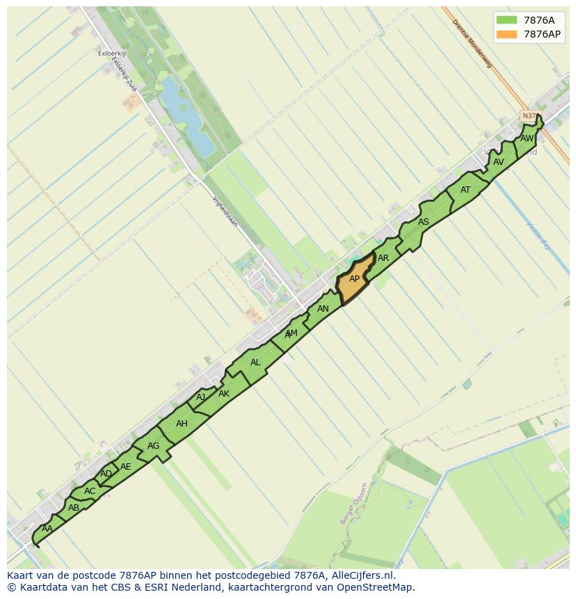 Afbeelding van het postcodegebied 7876 AP op de kaart.