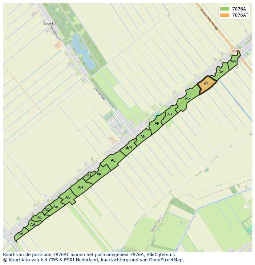 Afbeelding van het postcodegebied 7876 AT op de kaart.