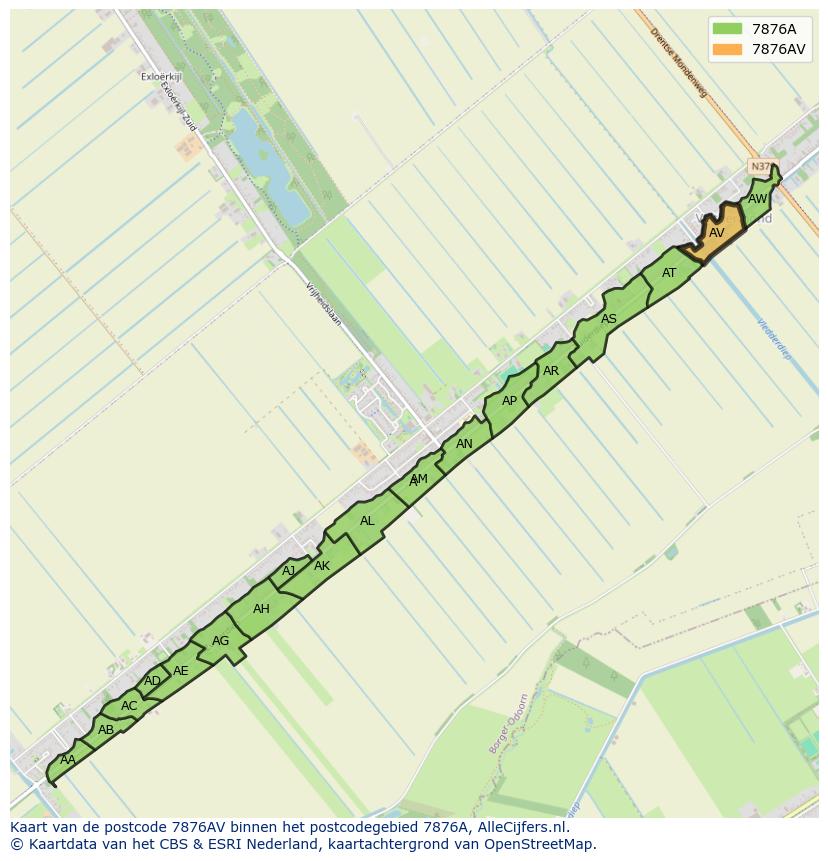 Afbeelding van het postcodegebied 7876 AV op de kaart.