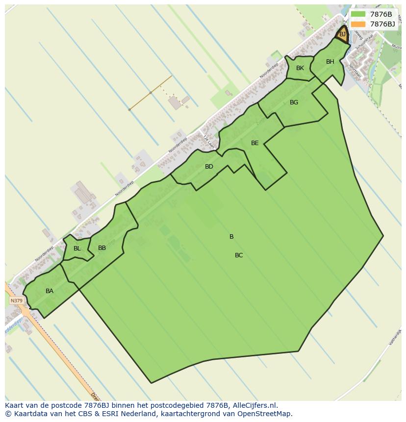 Afbeelding van het postcodegebied 7876 BJ op de kaart.