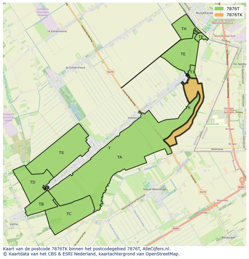 Afbeelding van het postcodegebied 7876 TK op de kaart.