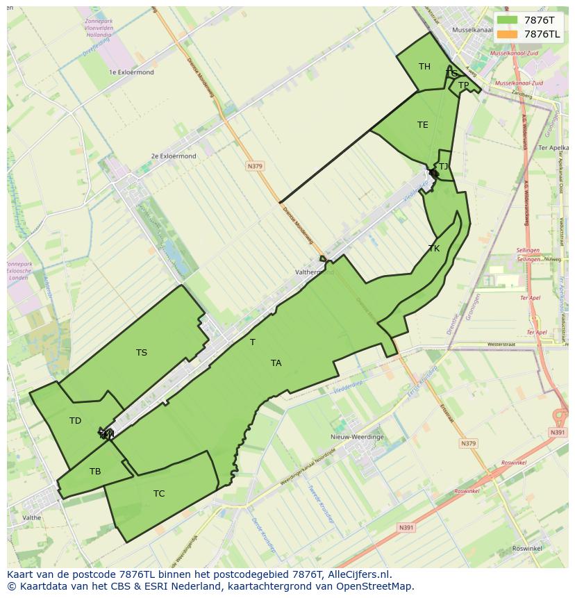 Afbeelding van het postcodegebied 7876 TL op de kaart.