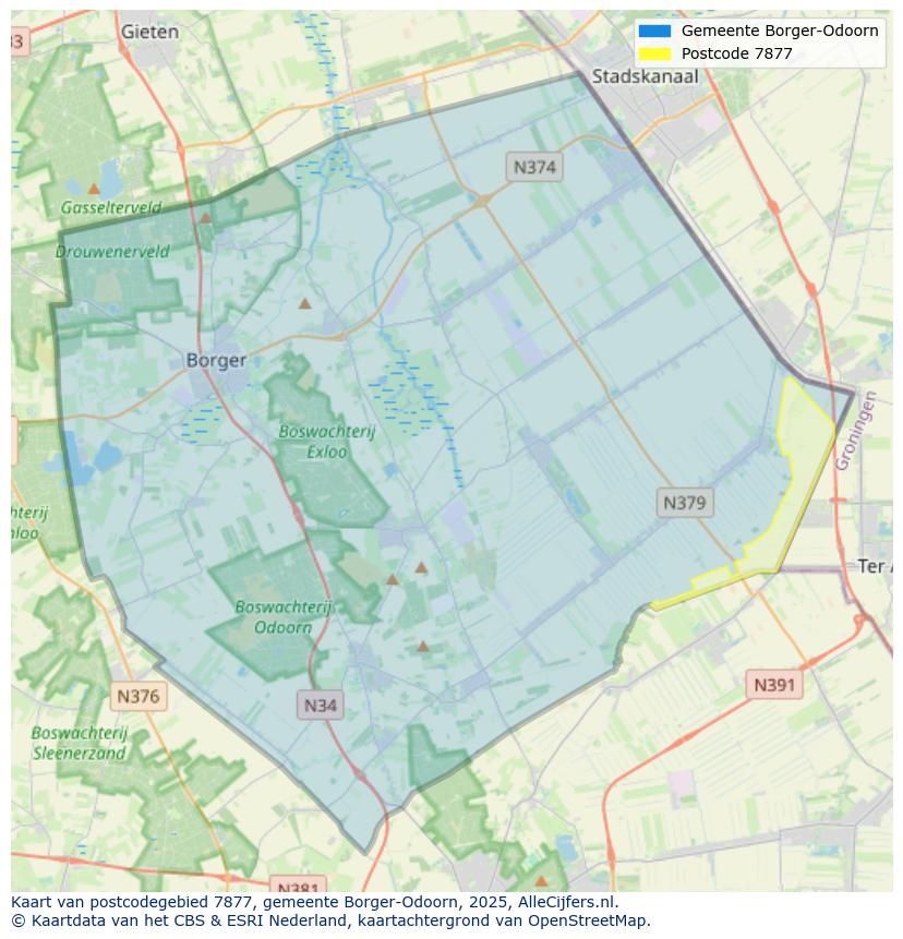 Afbeelding van het postcodegebied 7877 op de kaart.