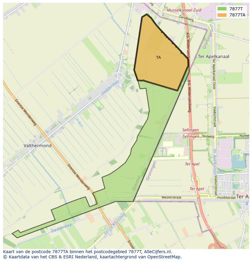 Afbeelding van het postcodegebied 7877 TA op de kaart.