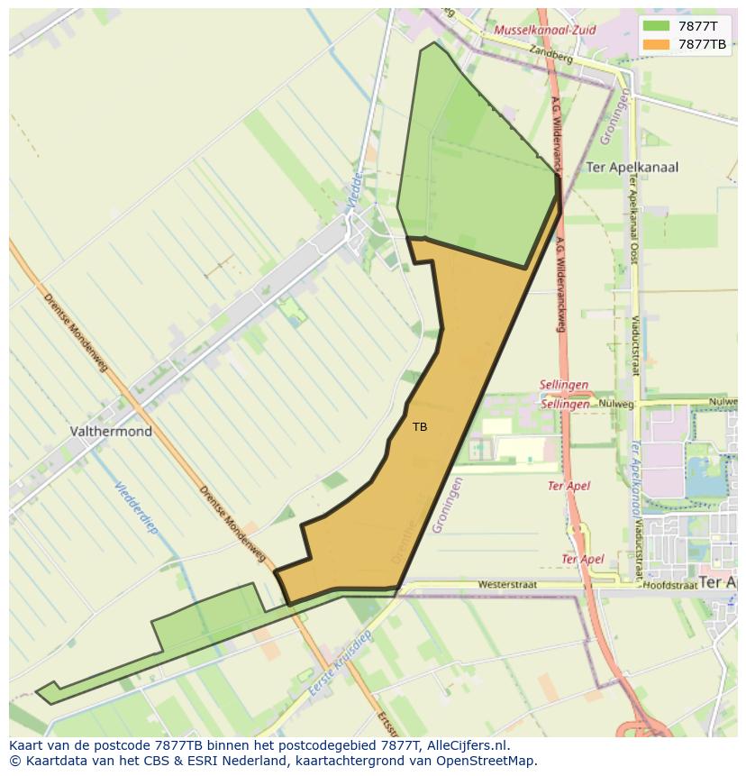 Afbeelding van het postcodegebied 7877 TB op de kaart.
