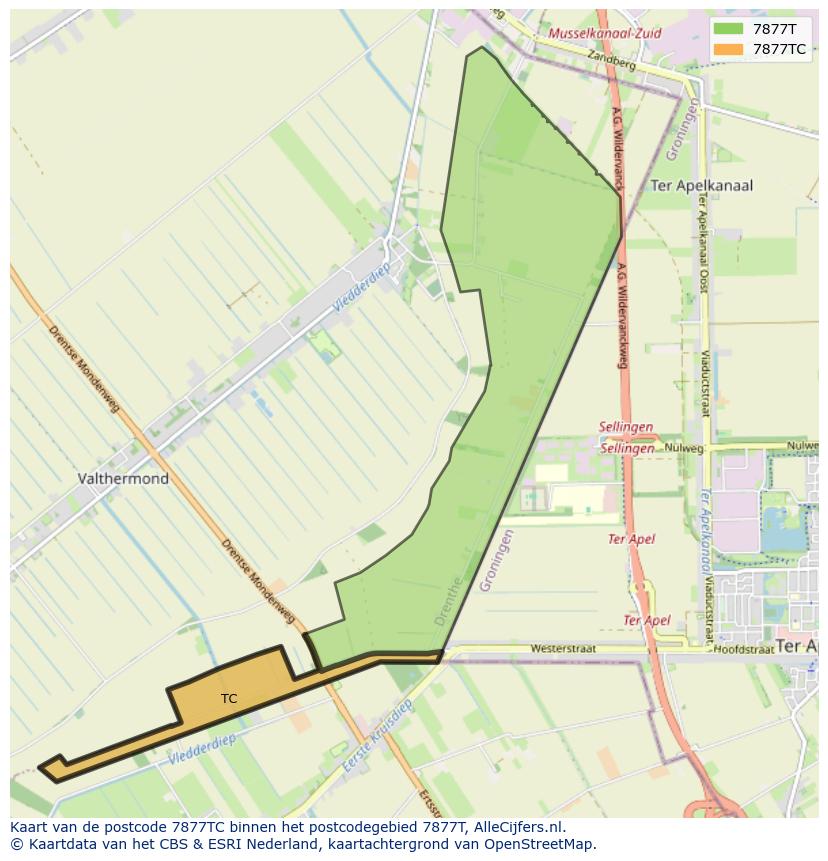 Afbeelding van het postcodegebied 7877 TC op de kaart.