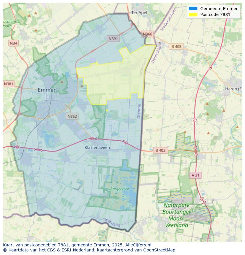 Afbeelding van het postcodegebied 7881 op de kaart.