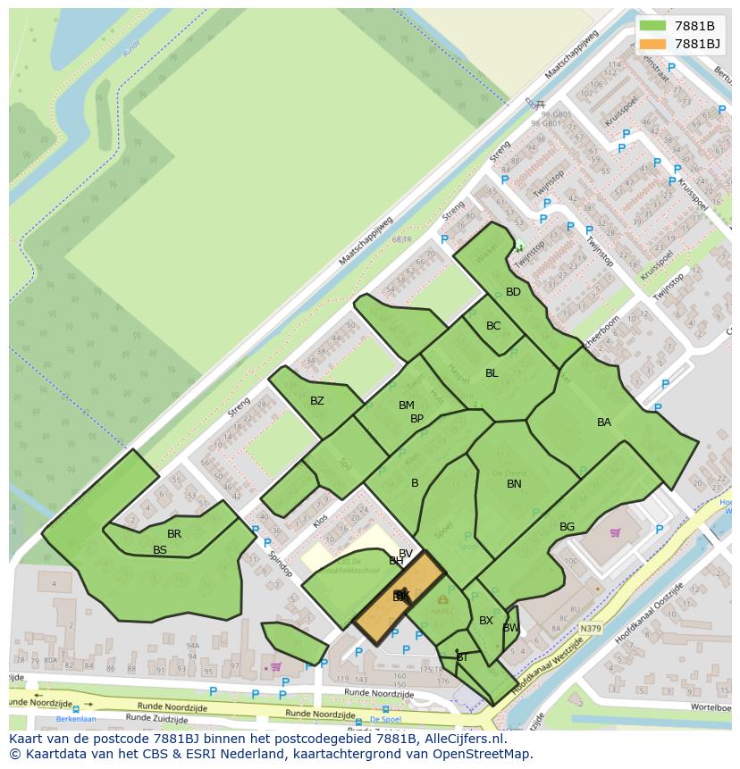 Afbeelding van het postcodegebied 7881 BJ op de kaart.