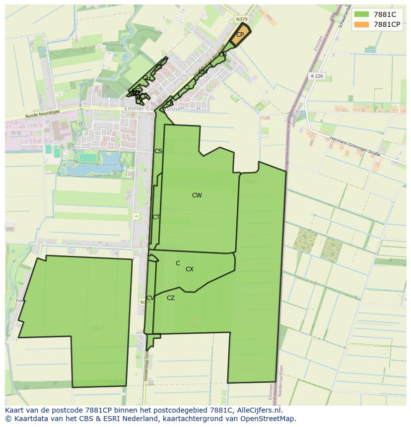 Afbeelding van het postcodegebied 7881 CP op de kaart.