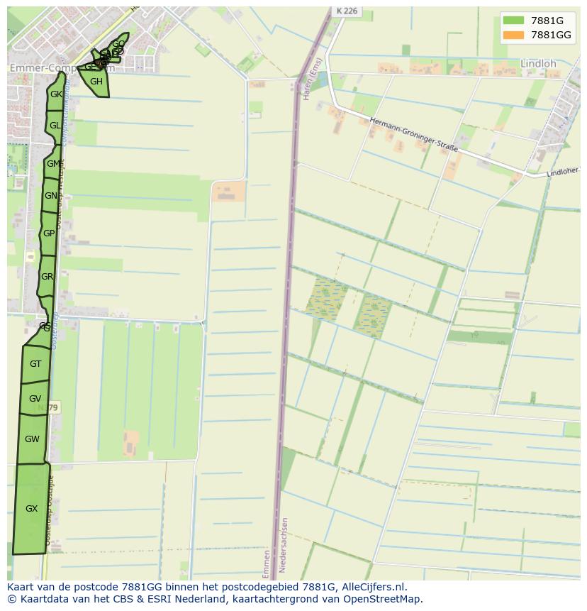 Afbeelding van het postcodegebied 7881 GG op de kaart.