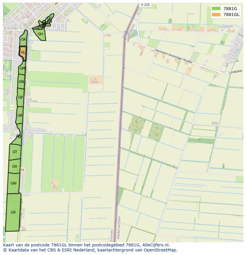 Afbeelding van het postcodegebied 7881 GL op de kaart.