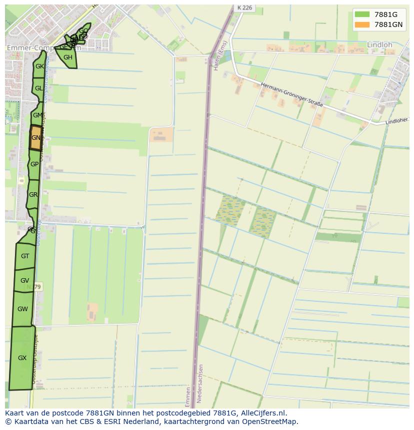 Afbeelding van het postcodegebied 7881 GN op de kaart.