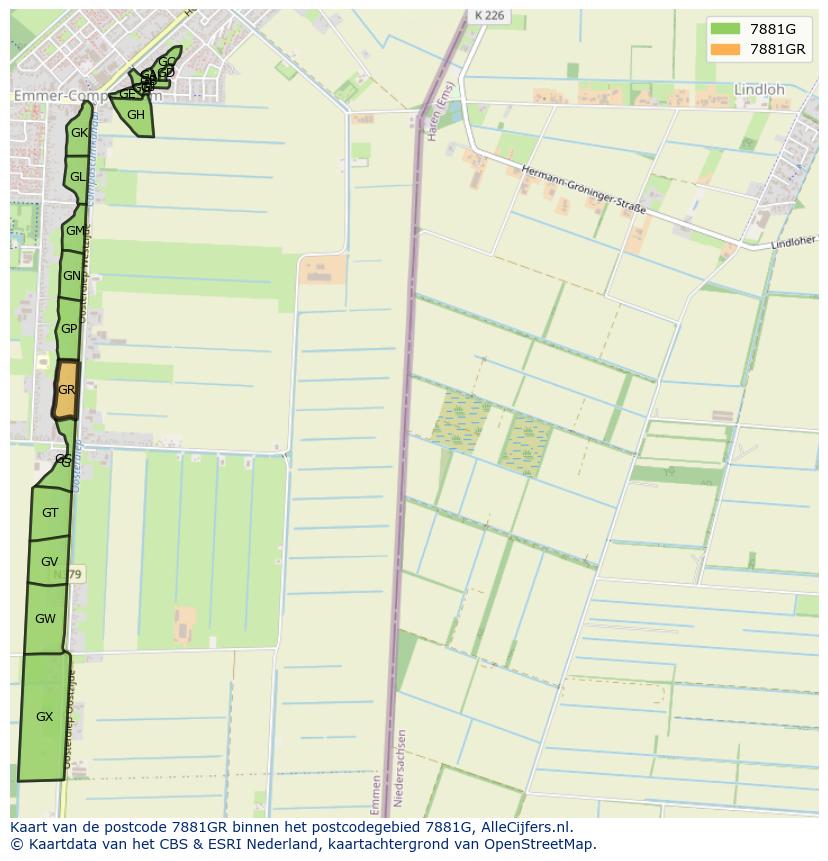 Afbeelding van het postcodegebied 7881 GR op de kaart.