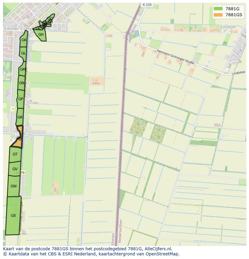 Afbeelding van het postcodegebied 7881 GS op de kaart.