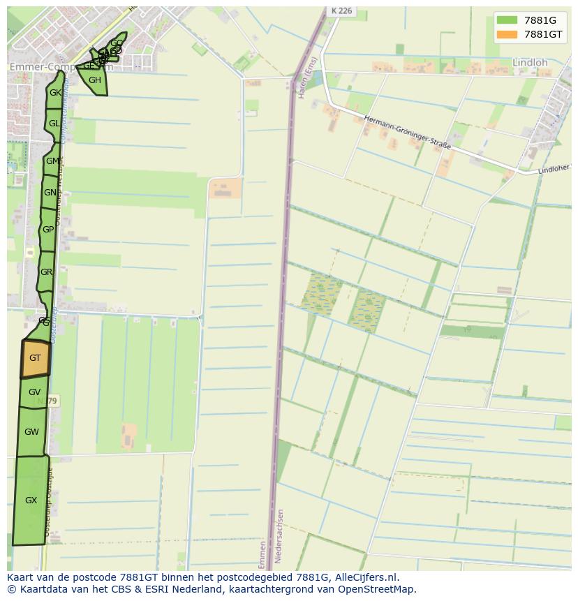 Afbeelding van het postcodegebied 7881 GT op de kaart.